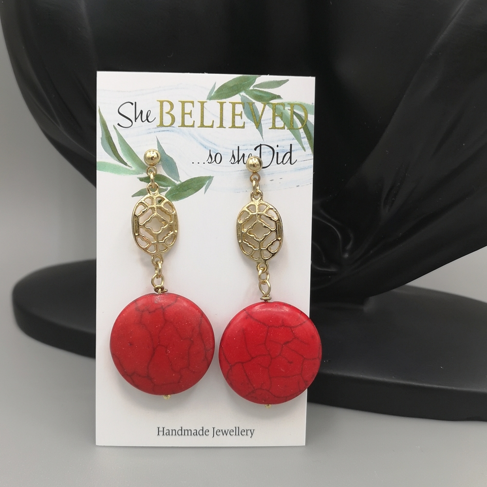 18kt Gold Plated & Red Dyed Stone Earrings